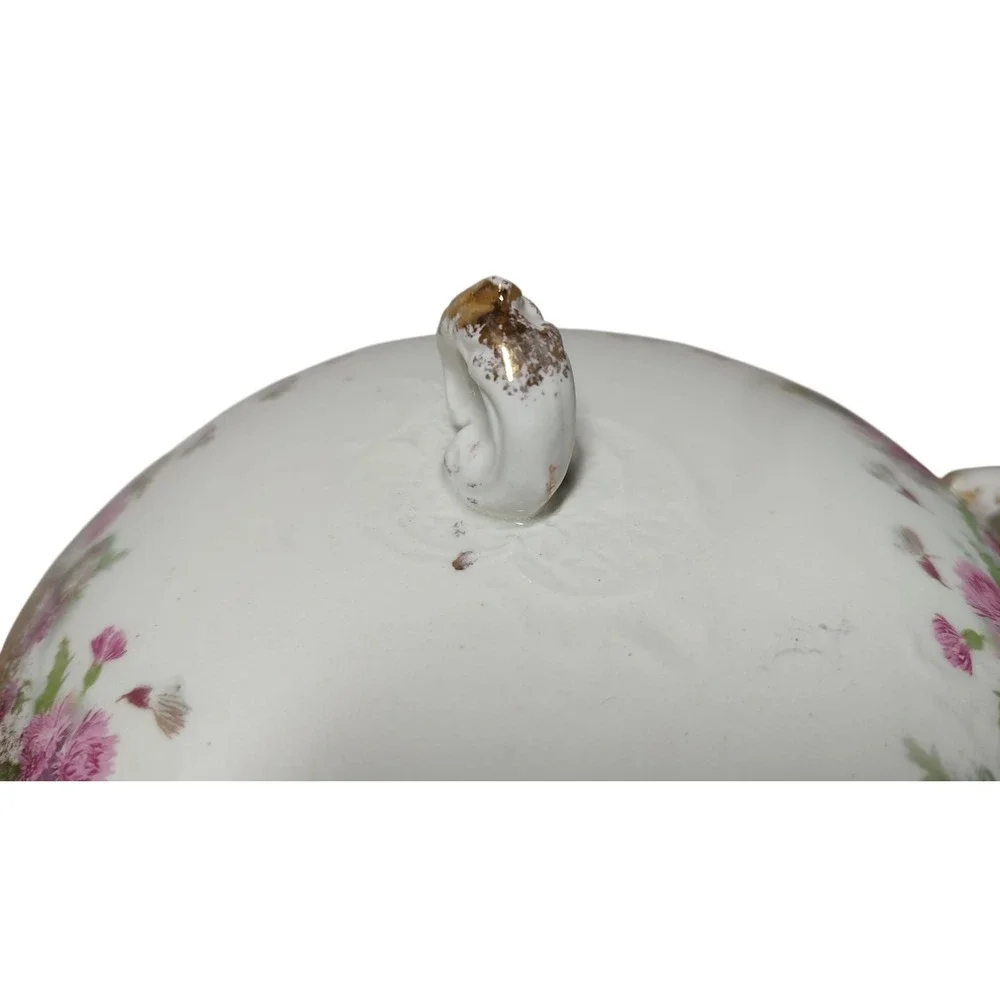 Antique MS‎ Floral Lidded Serving Dish Round Floral Gold Trim Semi Porcelain SEE